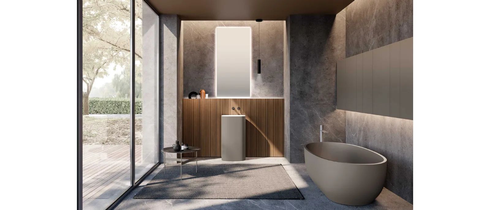 Bathroom Vanity M2 System 232 in Eucalyptus veneer wood and Baxar lacquered sink.