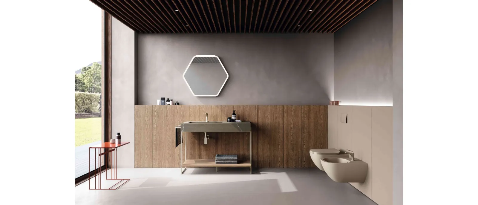 Bathroom mobile M2 System 241 in oat oak and Baxar stoneware