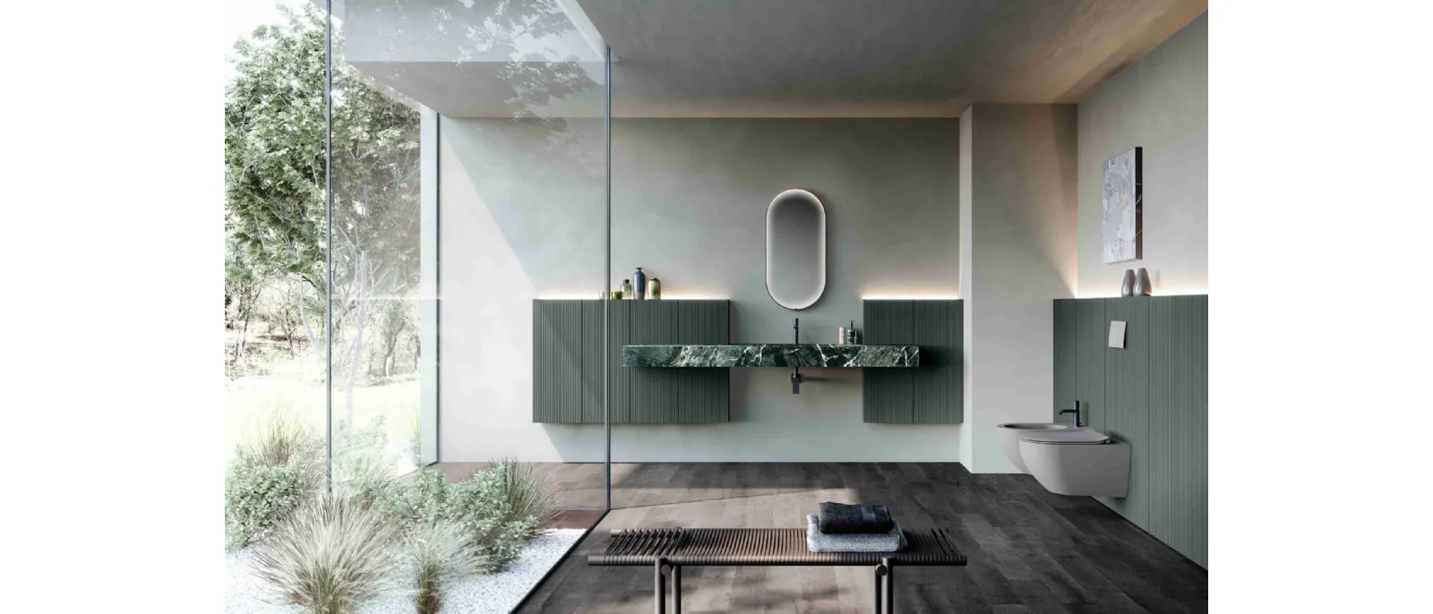 Suspended bathroom cabinet M2 System 242 in lacquered and Baxar stoneware.