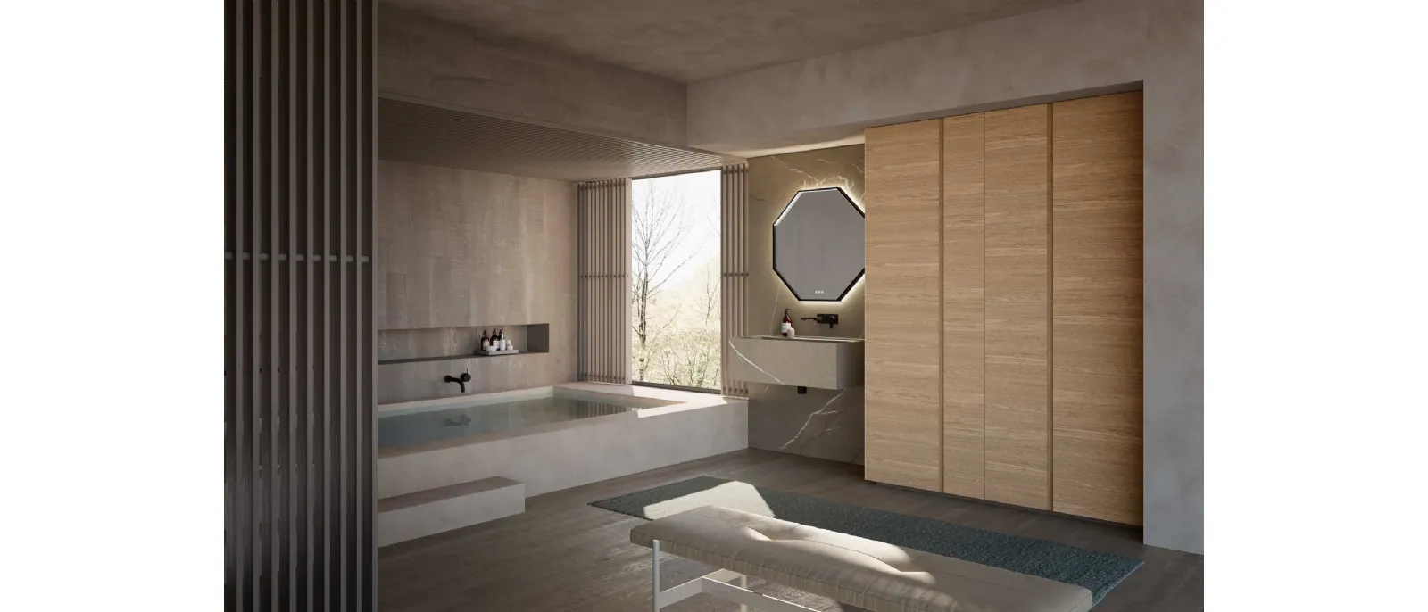 Bathroom cabinet M3 System 308 in Piasentina stone stoneware and Baxar wood.
