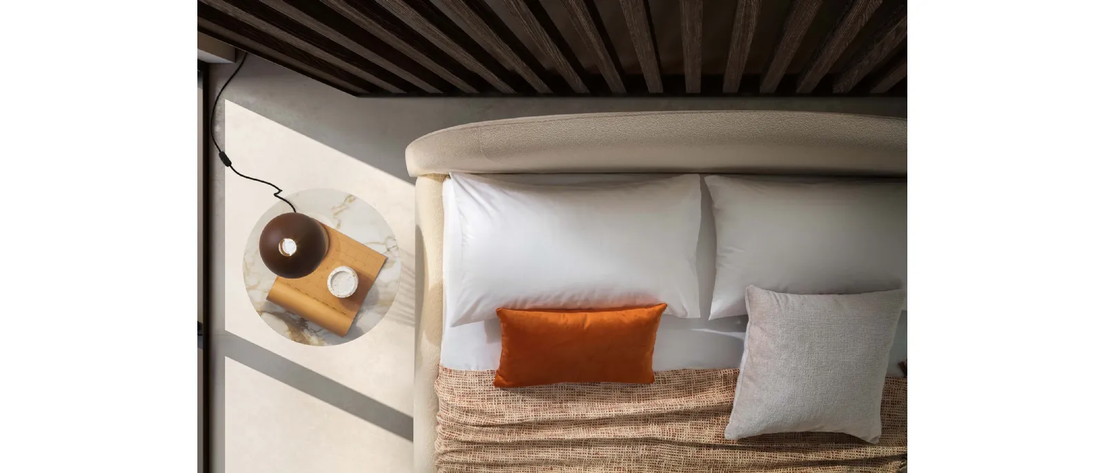 The double bed with padded headboard, upholstered fabric covered Belmondo by LeComfort, the Italian
