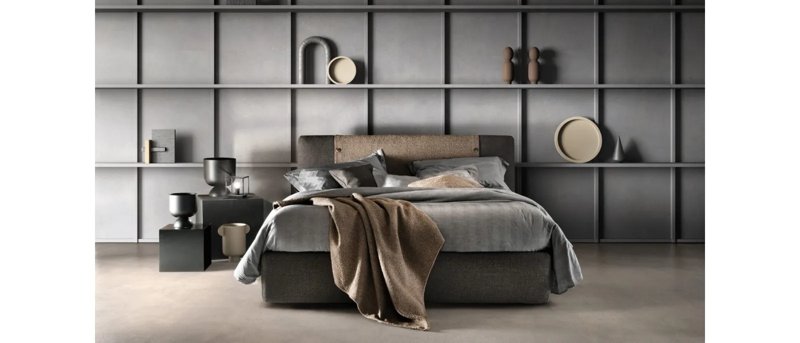 Bed with upholstered Button headboard in fabric by Bside.