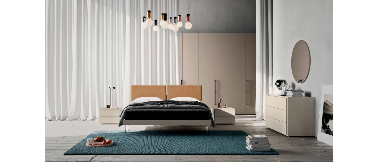 Bed with Cecilia fabric headboard by Orme