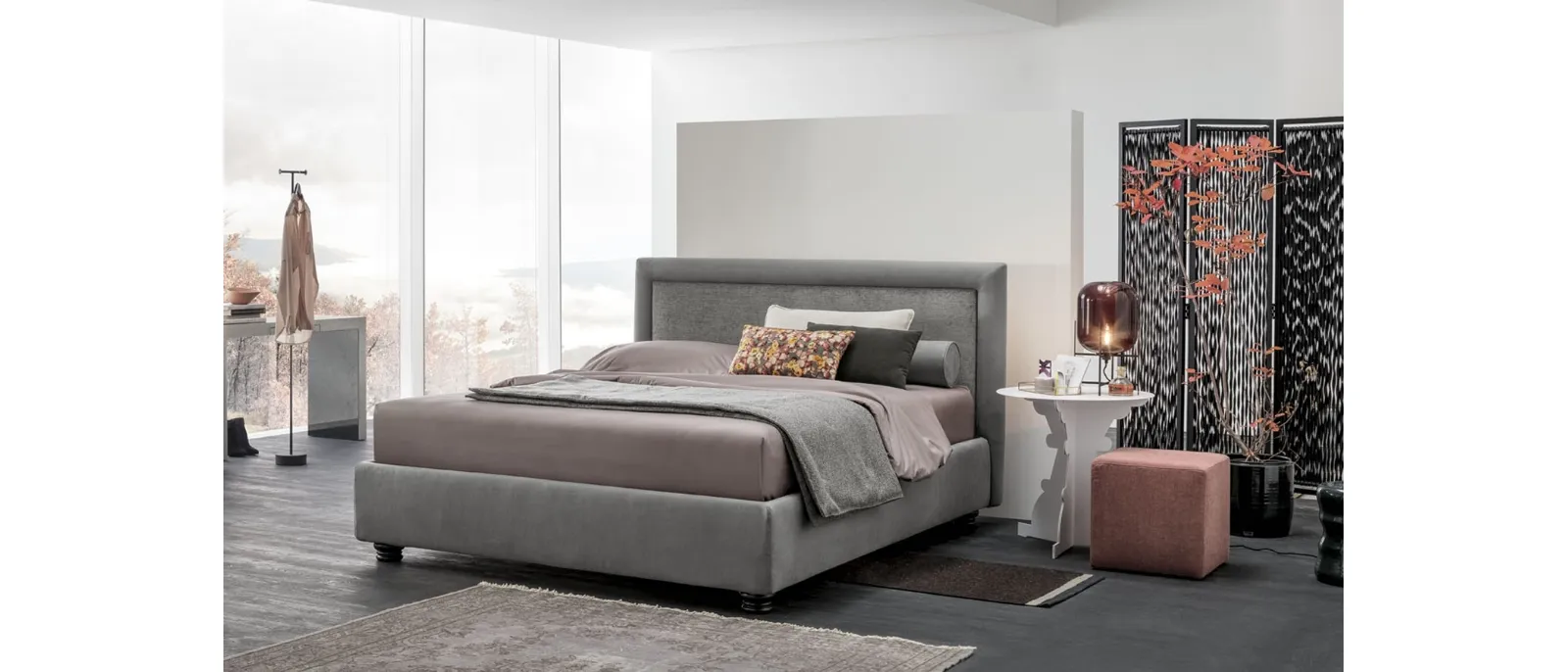 Fabric bed with headboard and storage box Chloe by V&Nice.