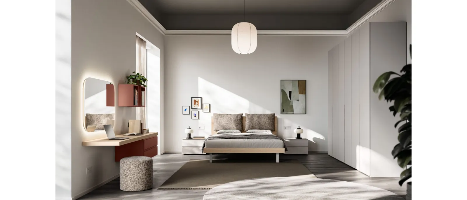 Night cream bed 01 with wood effect finish and padded cushions by Orme