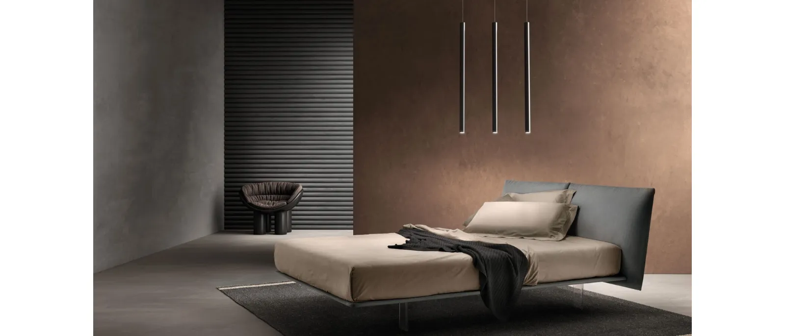 Fabric bed with Curious headboard by Bside.
