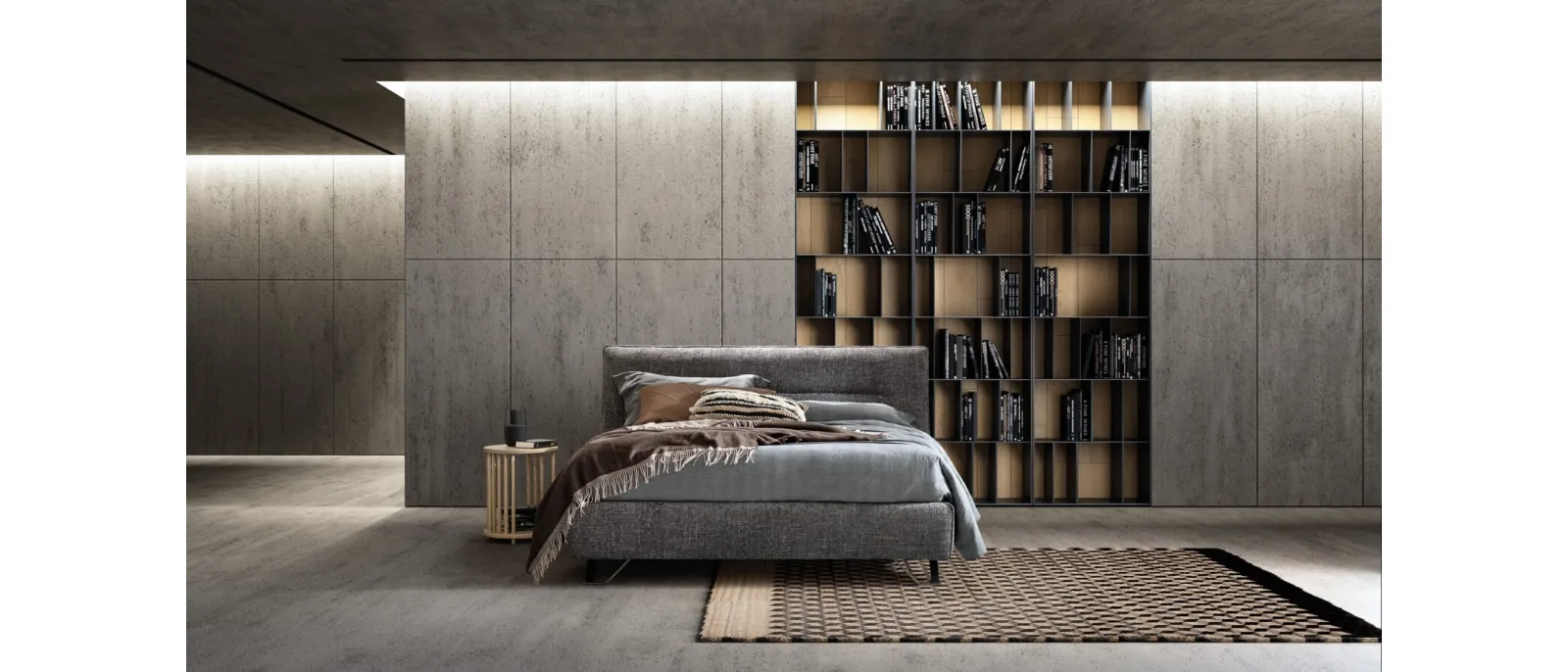 Upholstered fabric bed with Cut headboard by Bside.