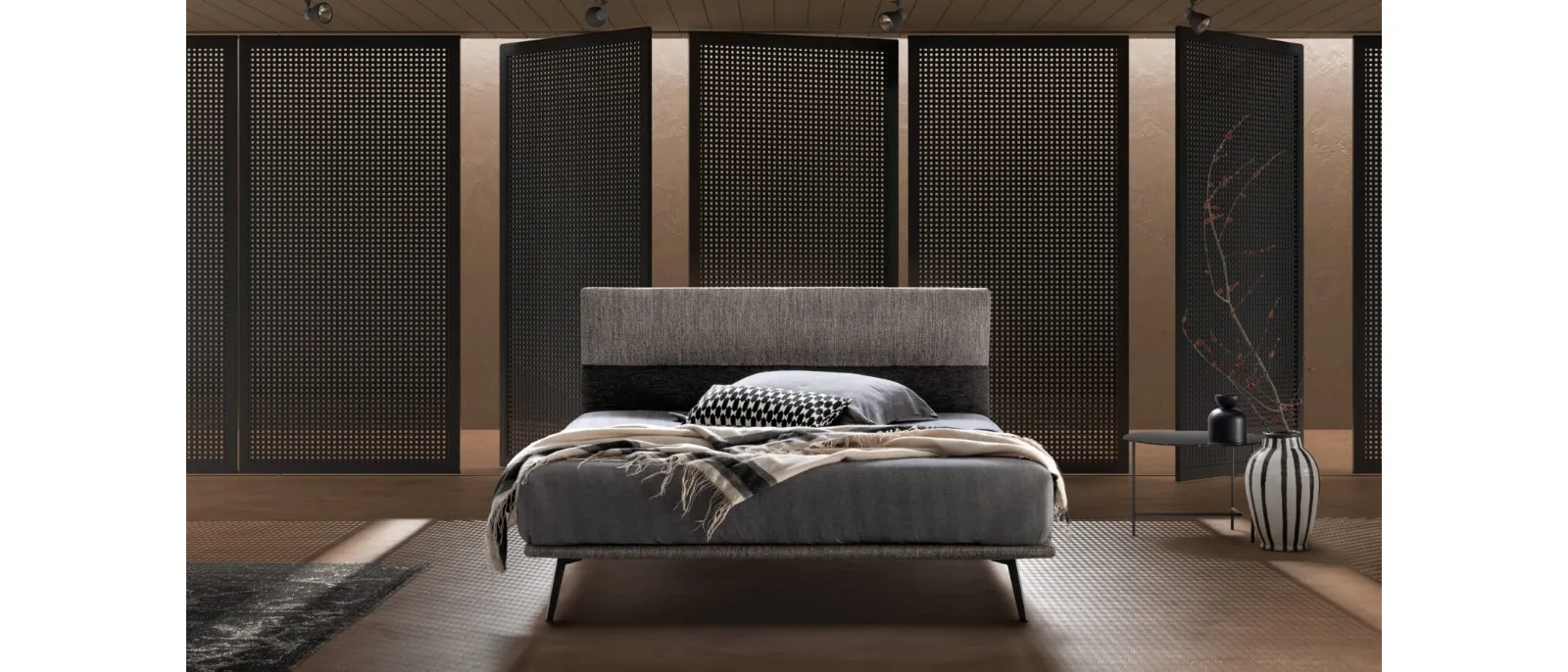 Minimal fabric bed with Bside Dance headboard.