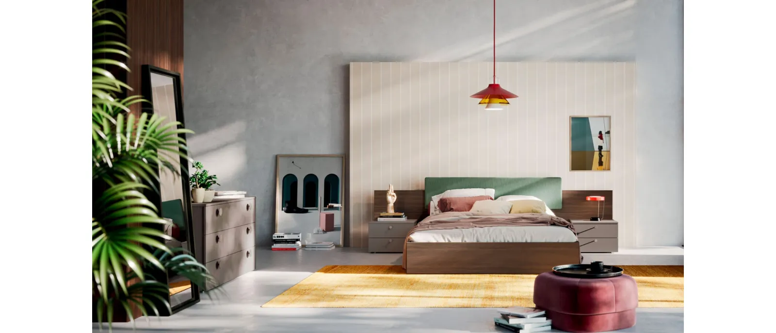 Bed with fabric panel and Diska storage box by Orme.