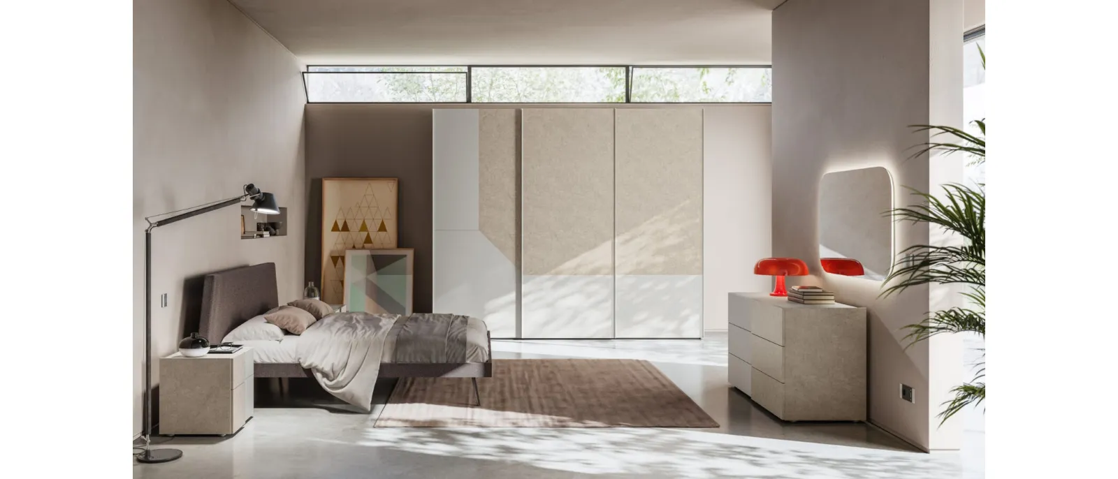 Double bed Esacto Night 21 upholstered in Orme fabric.