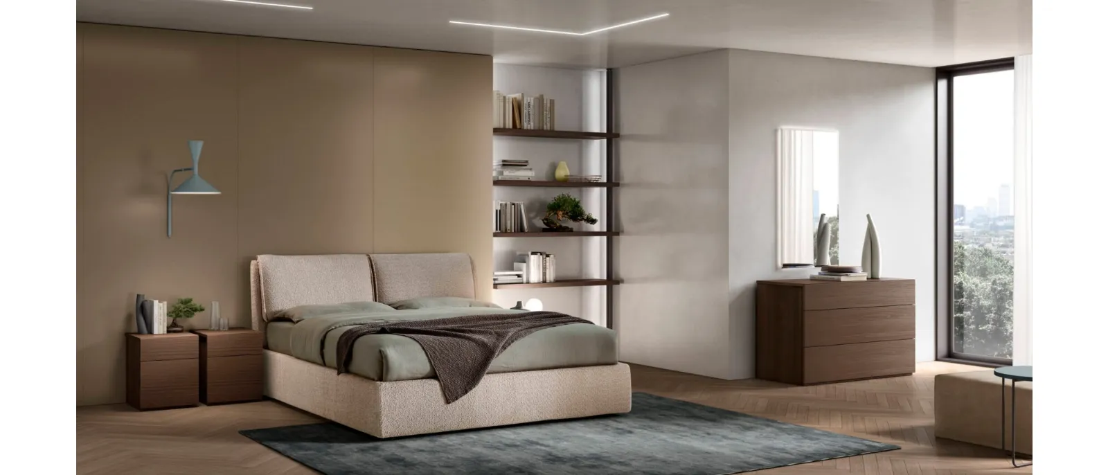 The bed Ester with storage compartment by Maronese is made of fabric covered with padding inside a