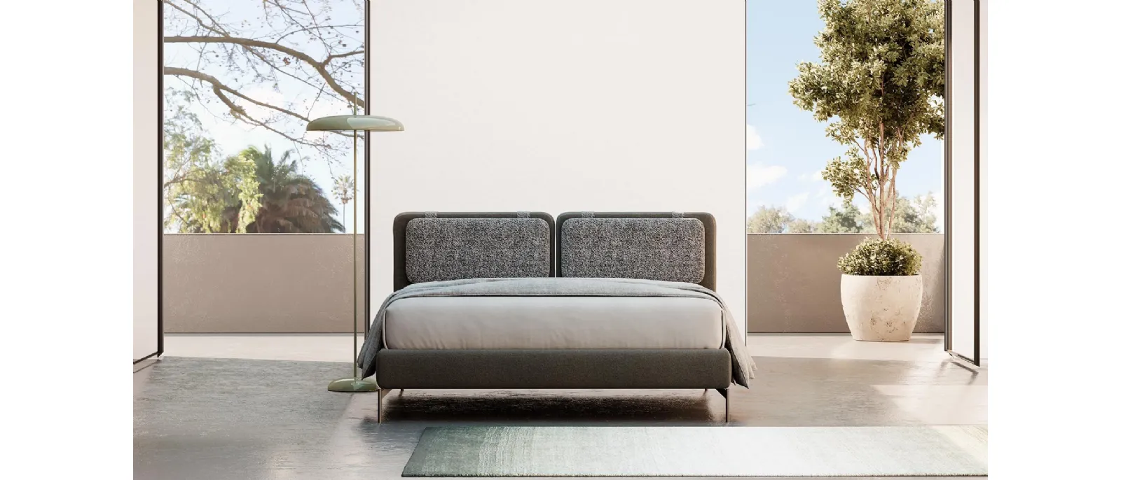 Evans Bed by Divaletti is available upholstered or with wooden bed base in solid beechwood or