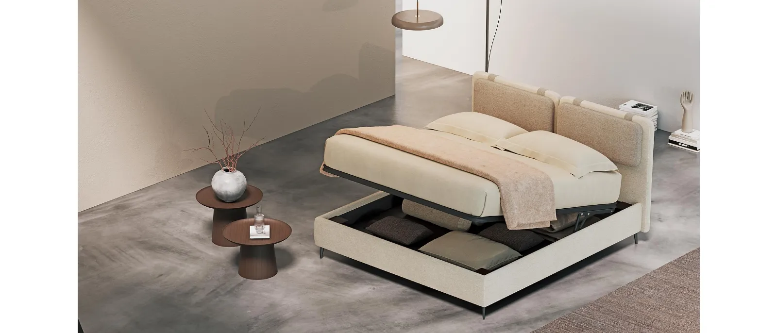 It's a bed that embodies the classic elegance of Italian living spaces, designed by Roberto Barbina with solid wood