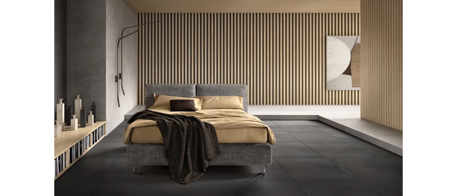 Bed with wooden structure covered in fabric with adjustable Form headboard by Bside.