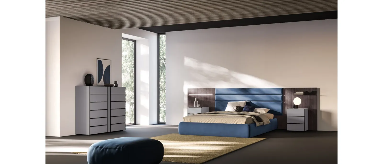 Giako Night 06 fabric upholstered bed with charcoal striped decor panels by Orme.