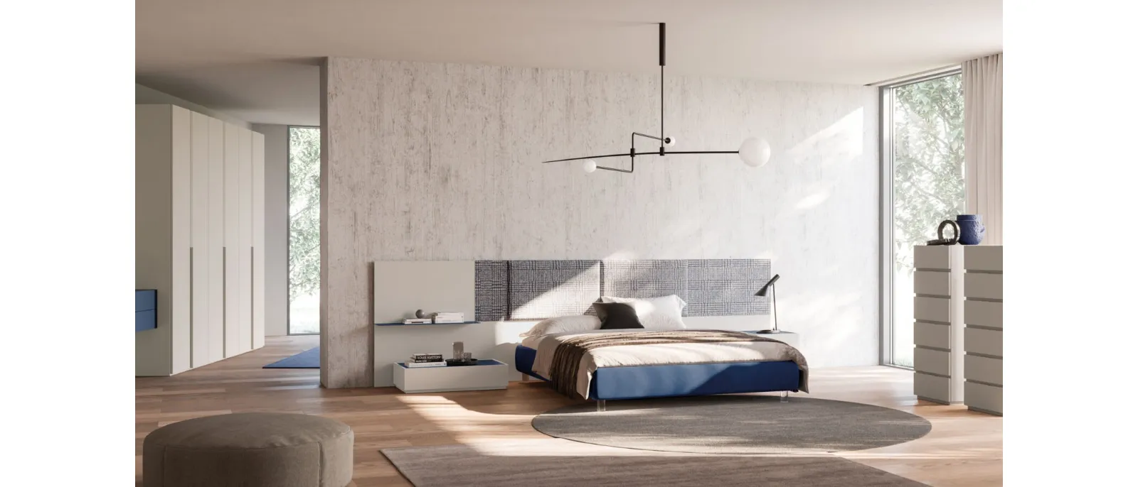 Giako Night 09 bed in melamine and Orme fabric.