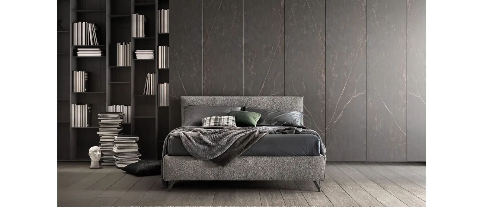 Bed with wooden frame padded and covered in Bside Good fabric