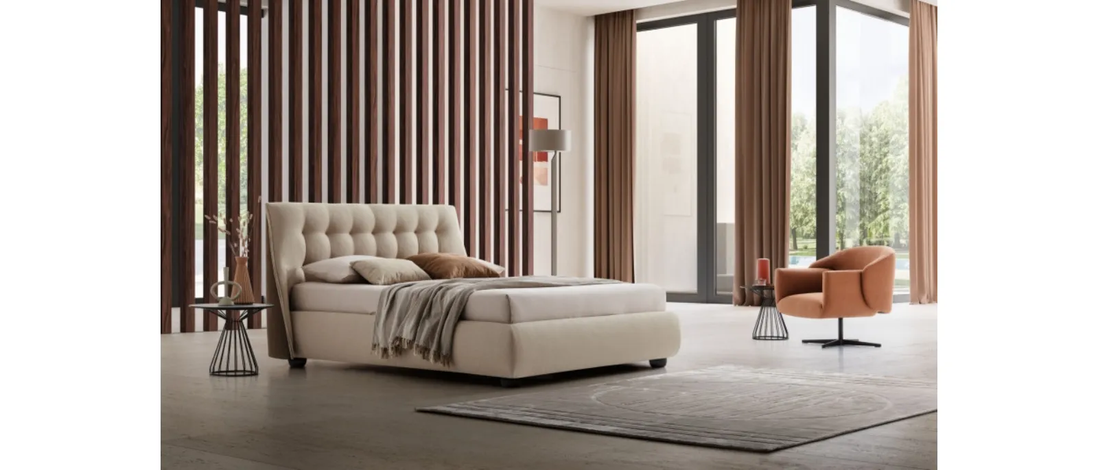 Faux leather upholstered bed with padded headboard Quilted Shell by Le Comfort. The soft lines of the shell