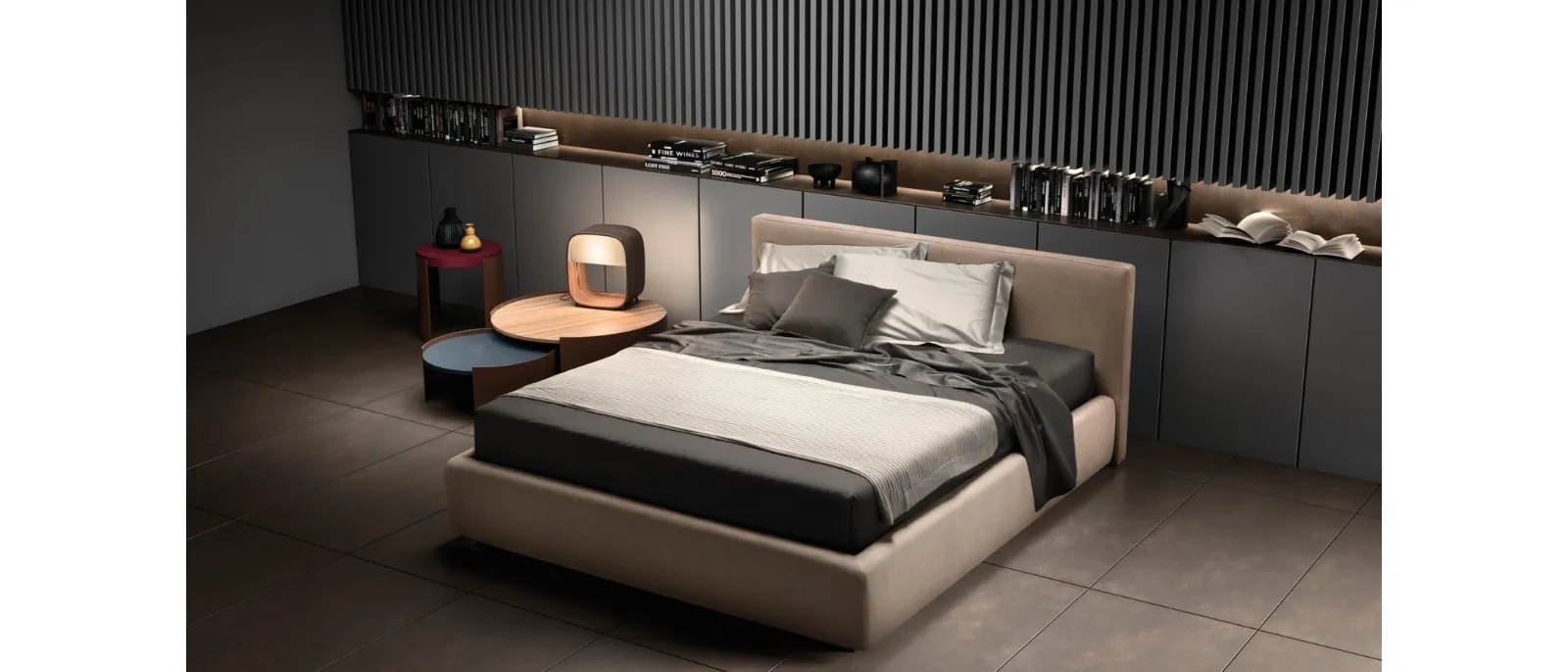 Fabric bed with removable Happy headboard from Bside.