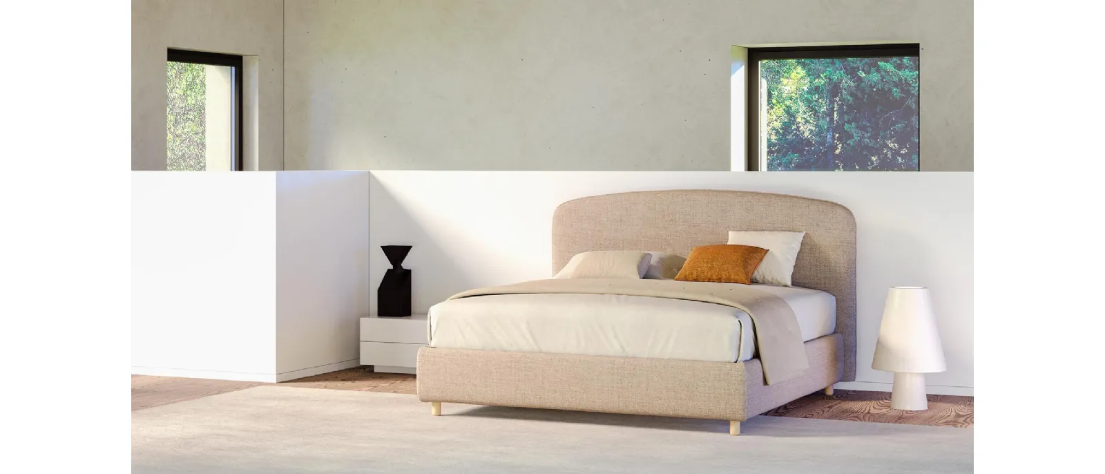 Harry bed by Divaletti Home is made with soft fabric, headboard and footboard are both rounded at