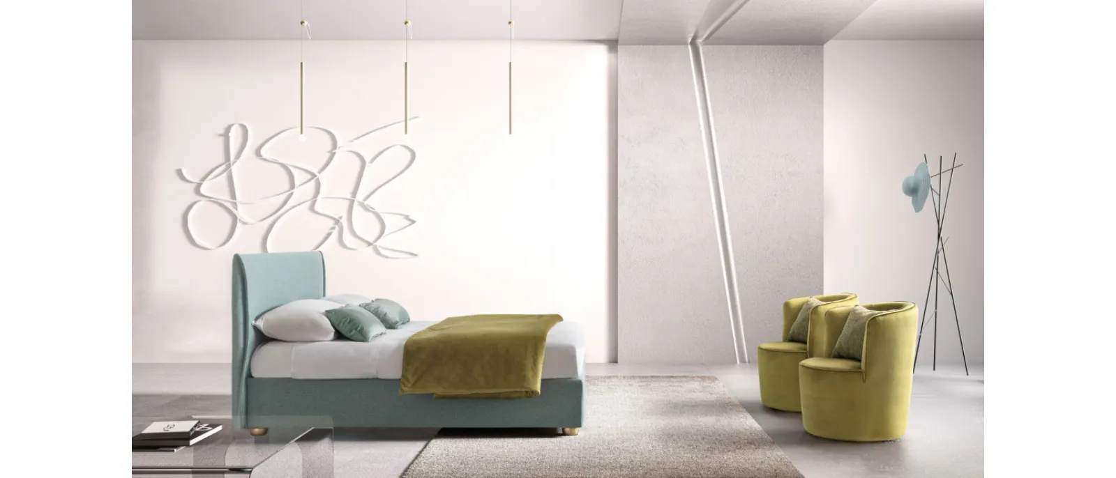 The double bed Hesperis is made from a metal structure covered with fabric, upholstered cushions and headboard