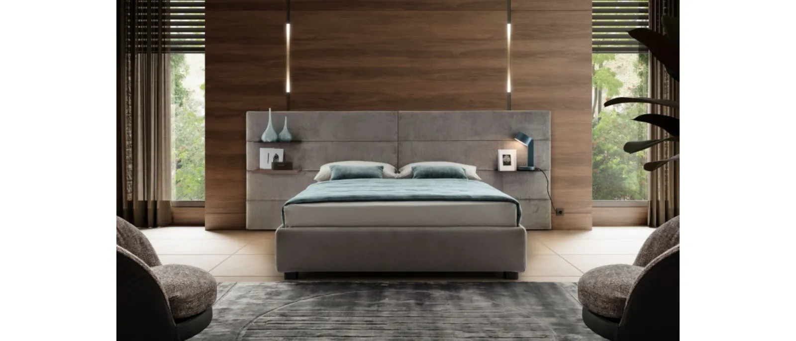 Horizon bed of Le Comfort with upholstered headboard available both