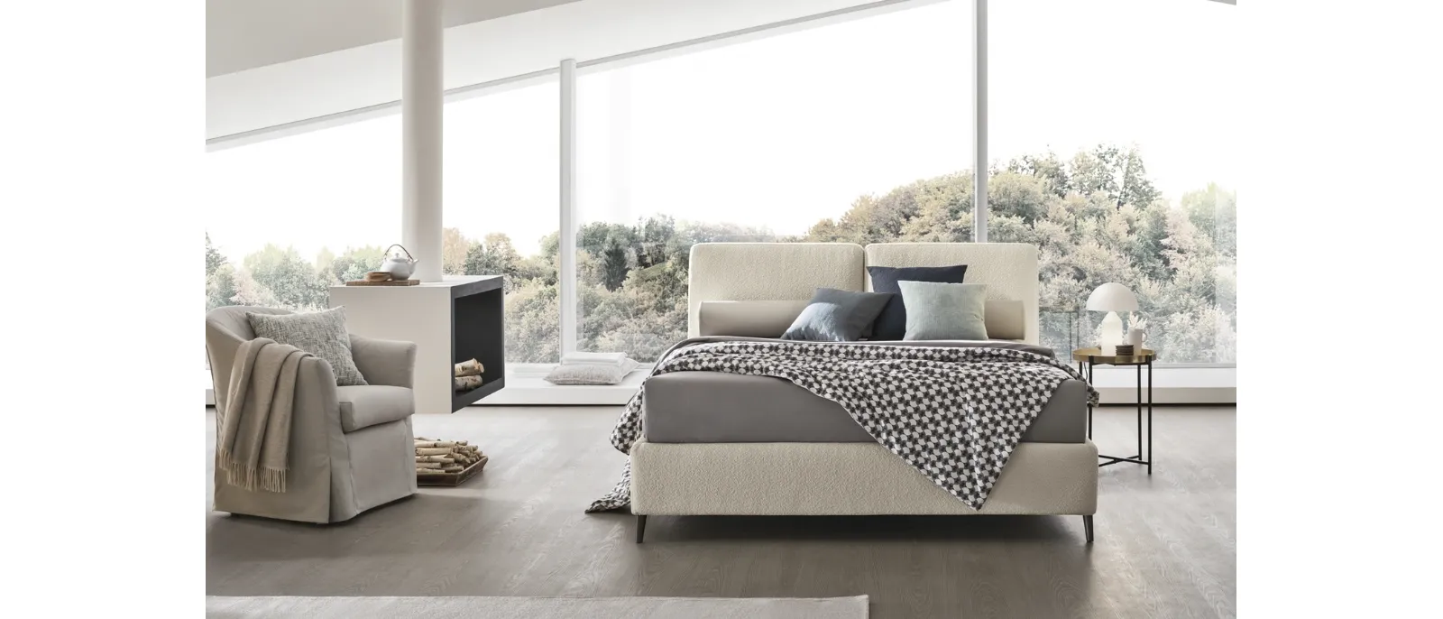 Fabric bed with headboard and storage box by V&Nice.