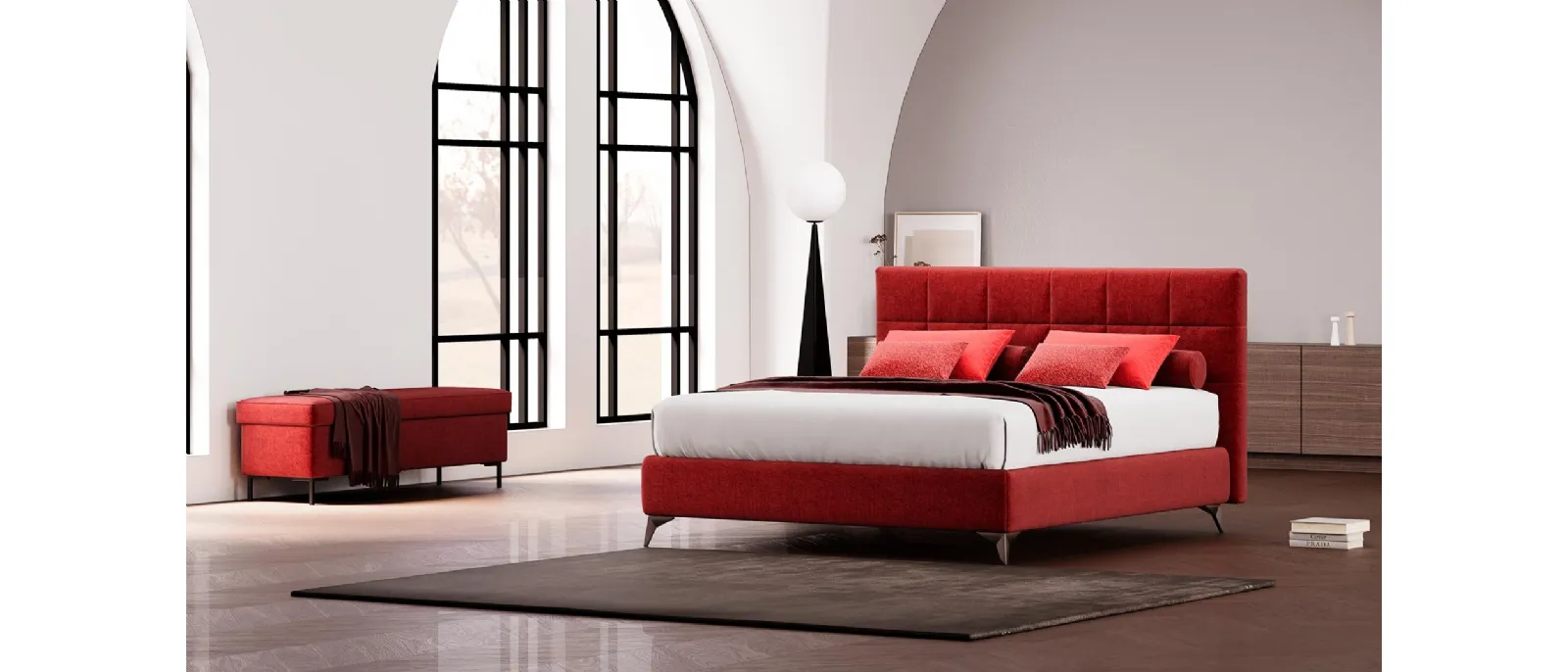 The contemporary style of the modern bed model Joy by Divaletti is highlighted by a thick padded head