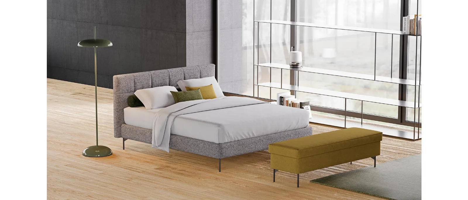 Modern bed with quilted headboard Joy of Divaletti Home. It is upholstered with fine