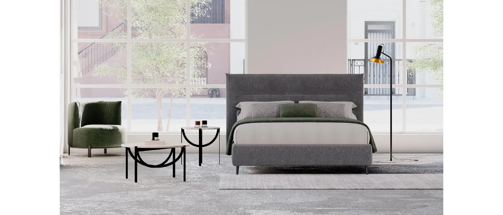 Ken by Divaletti Home is a padded fabric bed with the headboard completely