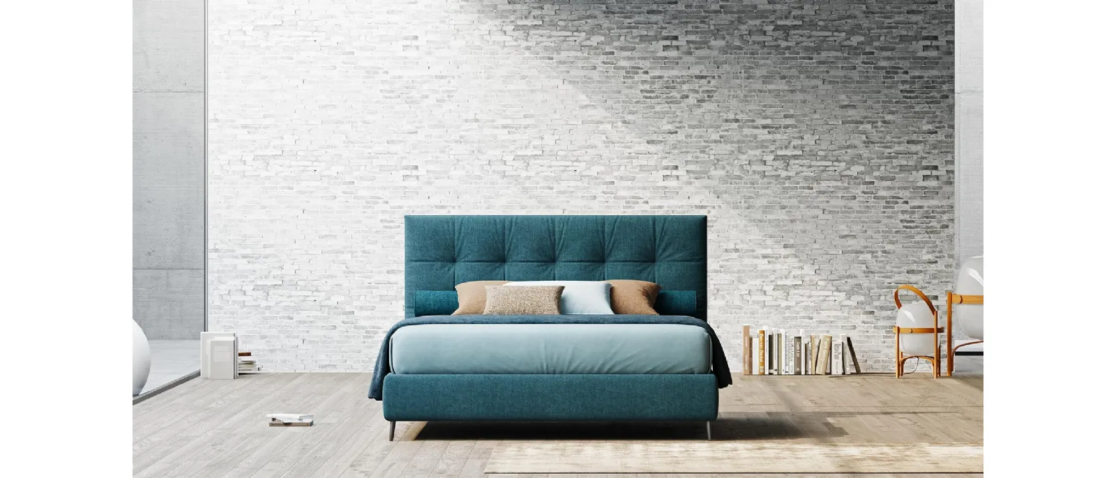 Bed with a storage space under the bed base and integrated headboard by