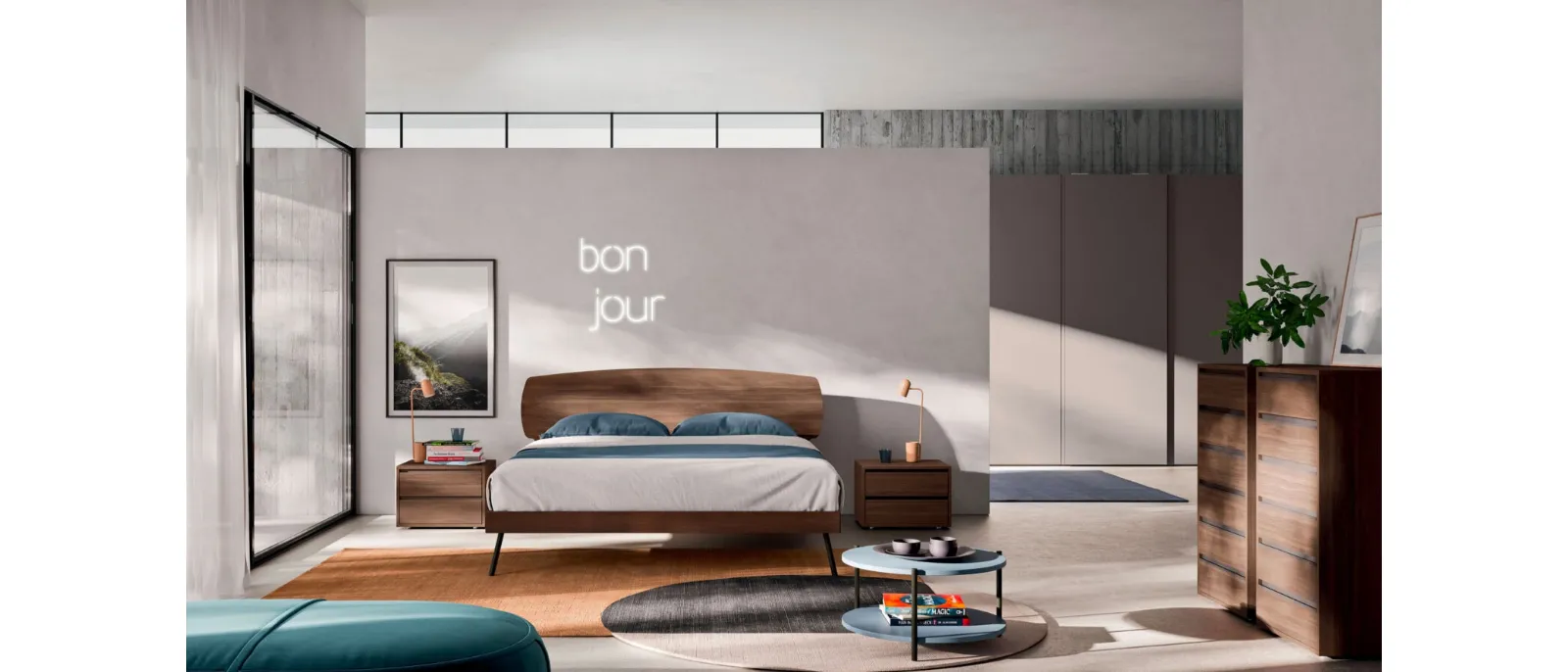 Double bed in terracotta material with Lansa Orme headboard.