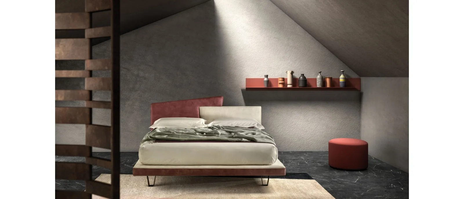 Upholstered leather bed with Link headboard by Bside.