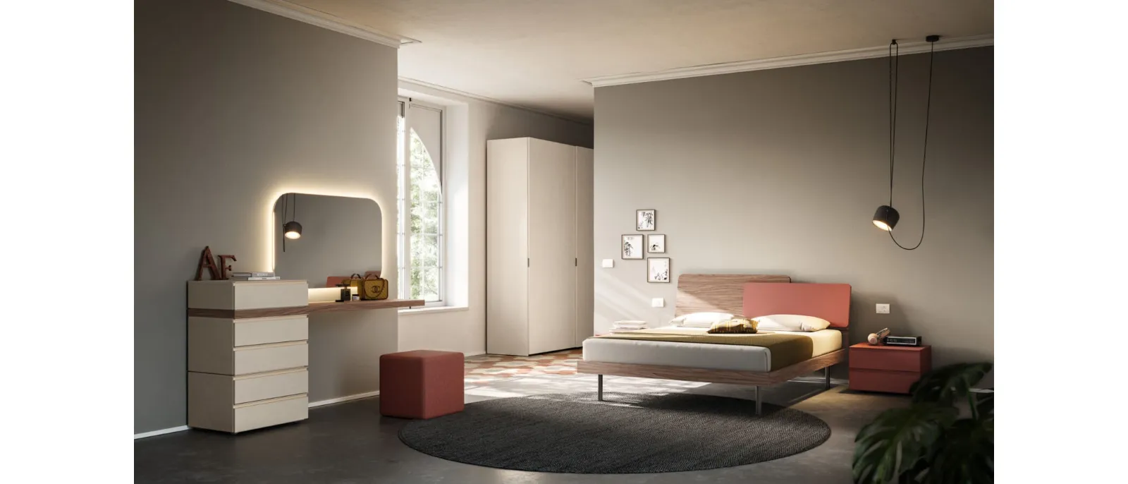 Double bed Loli Night 19 in textured Walnut and Brick by Orme.