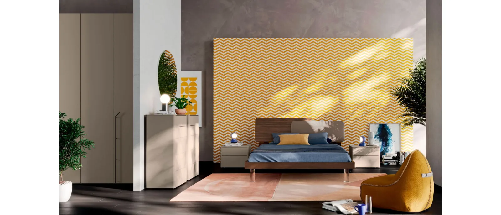 Bed with a headboard in textured terracotta and eco-leather Loli by Orme.