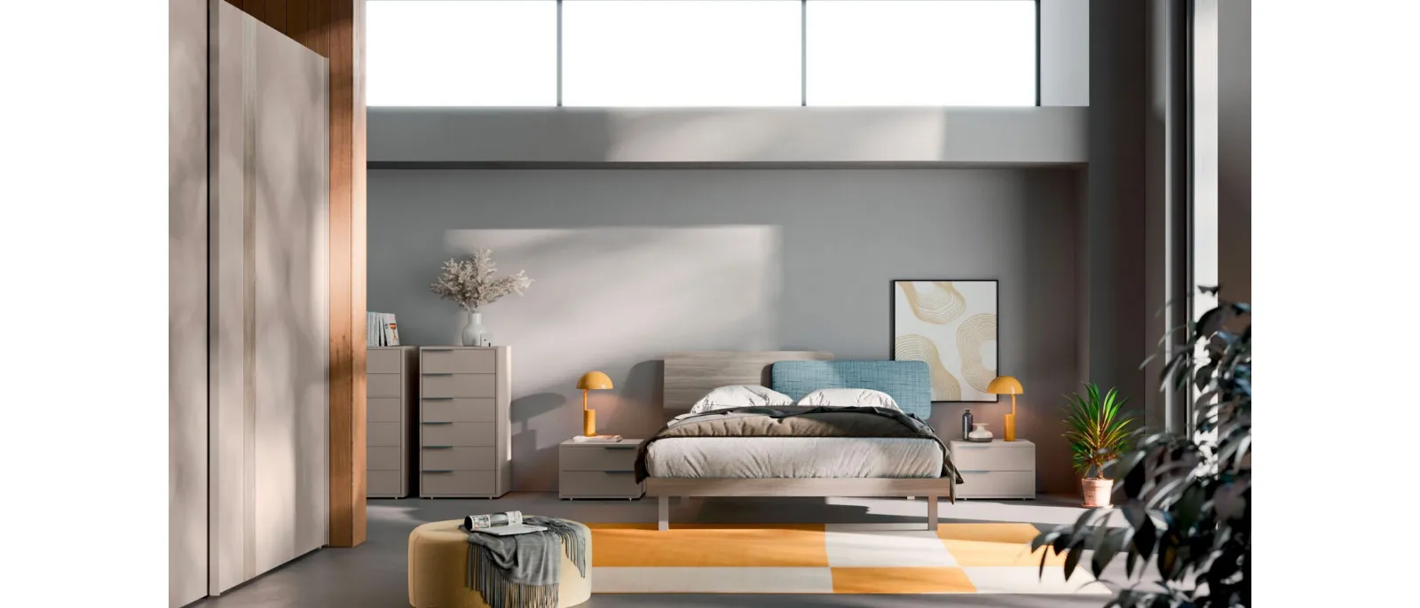 Bed with headboard in oxidized material and Loli fabric by Orme.