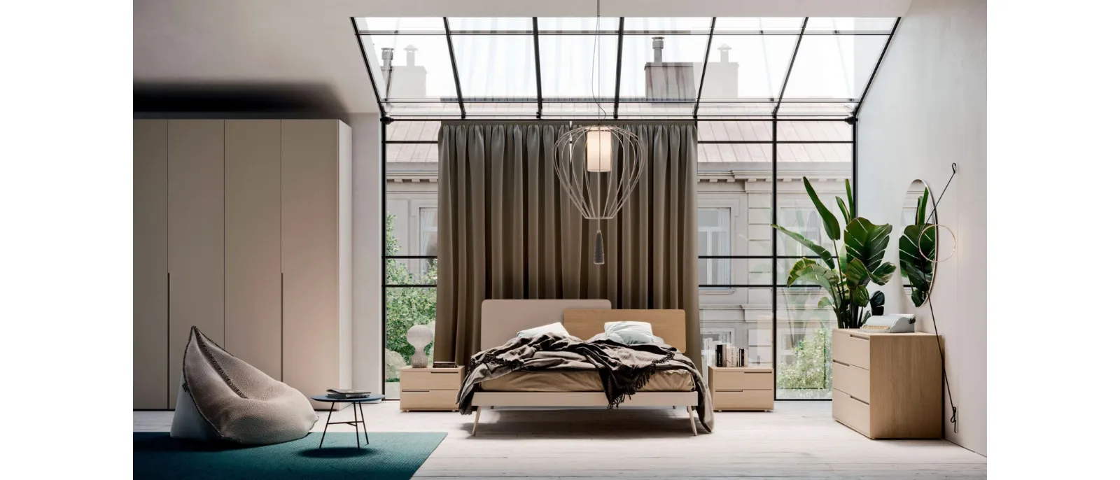 Bed with Loli headboard in Tortora melamine and Rovere materico by Orme.