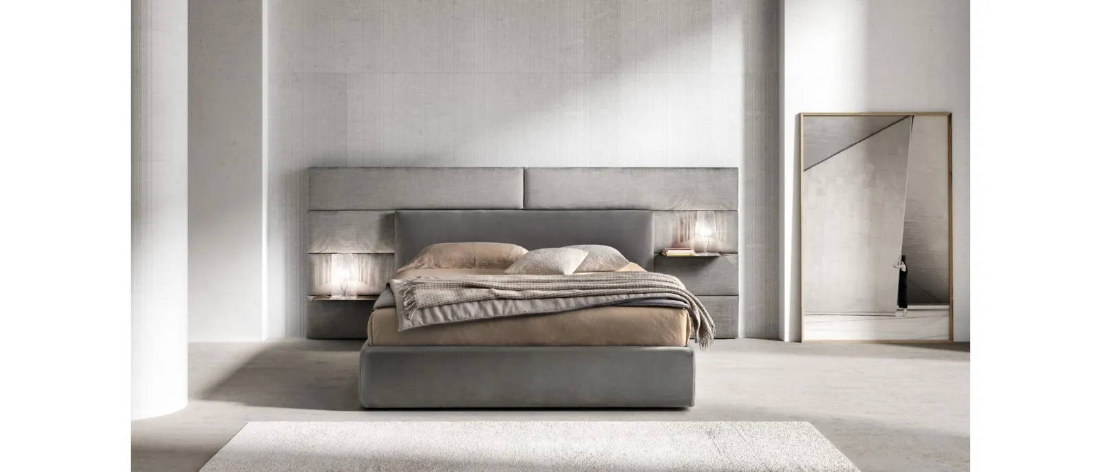 Upholstered fabric bed with Match Programm headboard by Bside.