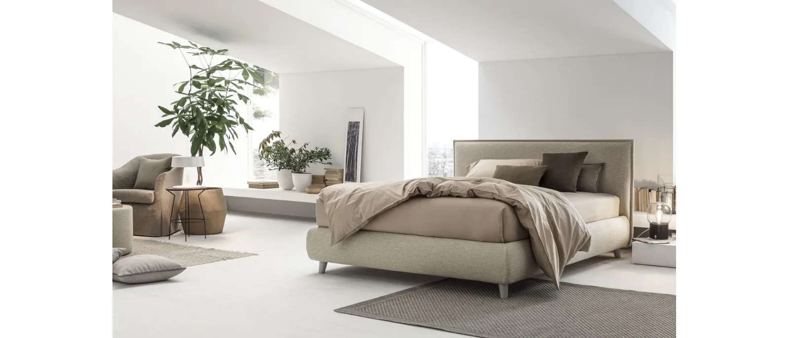 Upholstered fabric bed with headboard and Pascal storage box by V&Nice.