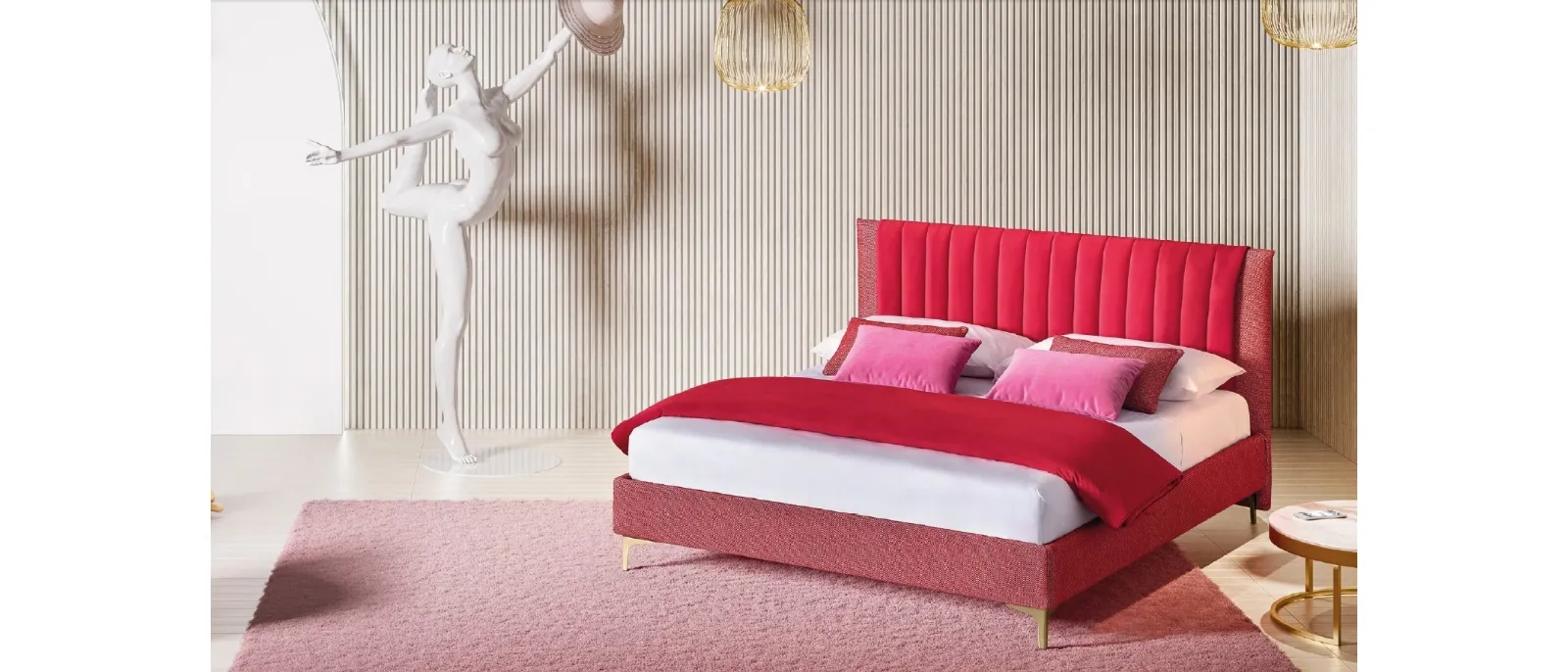 Fabric bed with padded headboard named “Phlox” by Le Comfort designed from the brand to complete