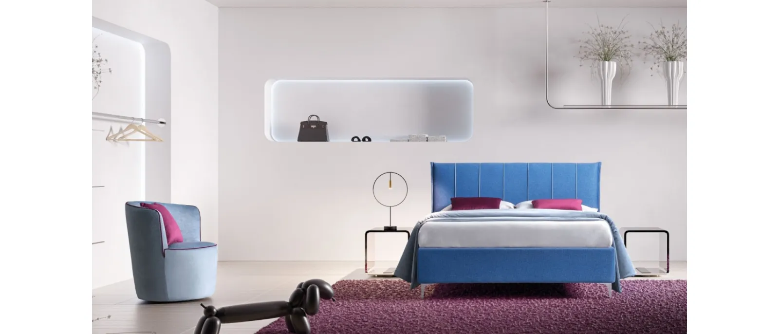 Double bed with upholstered headboard and soft lines: the new model of Bed Plumeria by Le Comfort