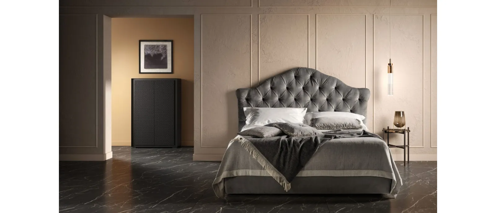 Queen-shaped capitonné fabric bed with a Bside headboard.