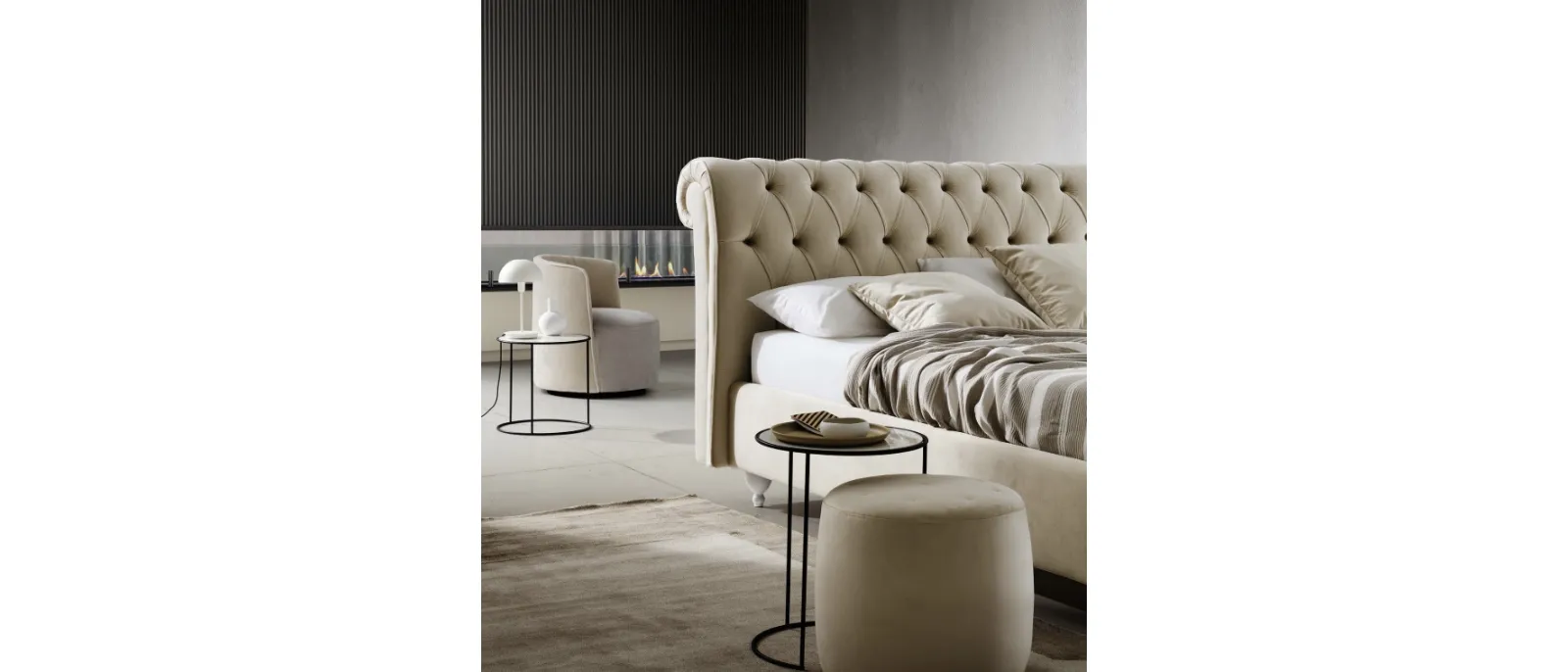 Raffaello Bed is an upholstered bed covered by a genuine or synthetic leather with quilted headboard and side panels designed to