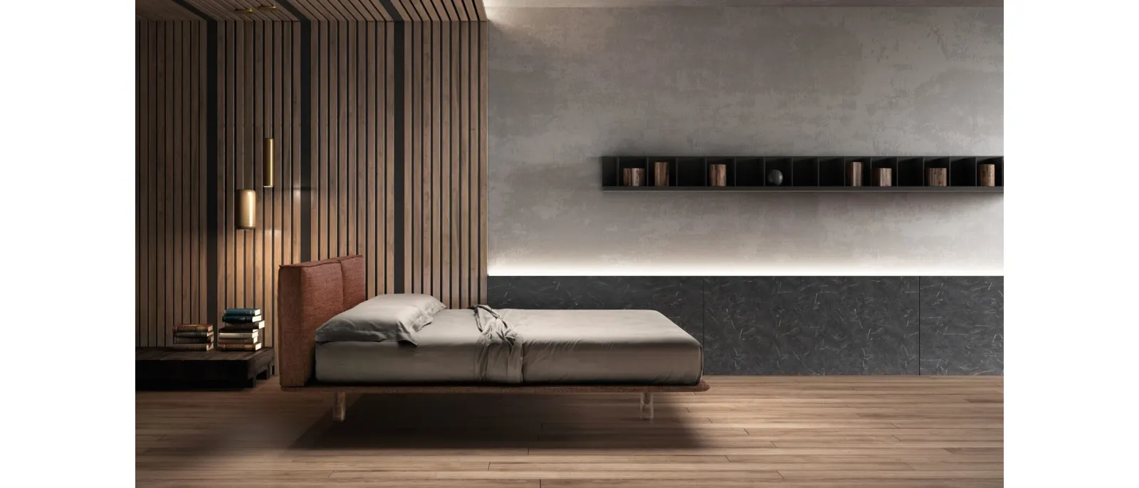 Fabric bed with upholstered headboard and transparent stylish feet by Bside.