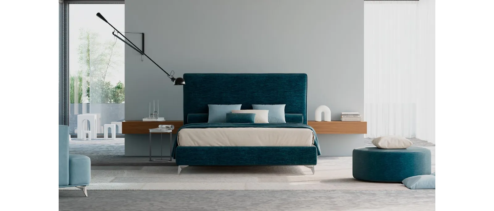 This double bed has a headboard and footboard made of wood