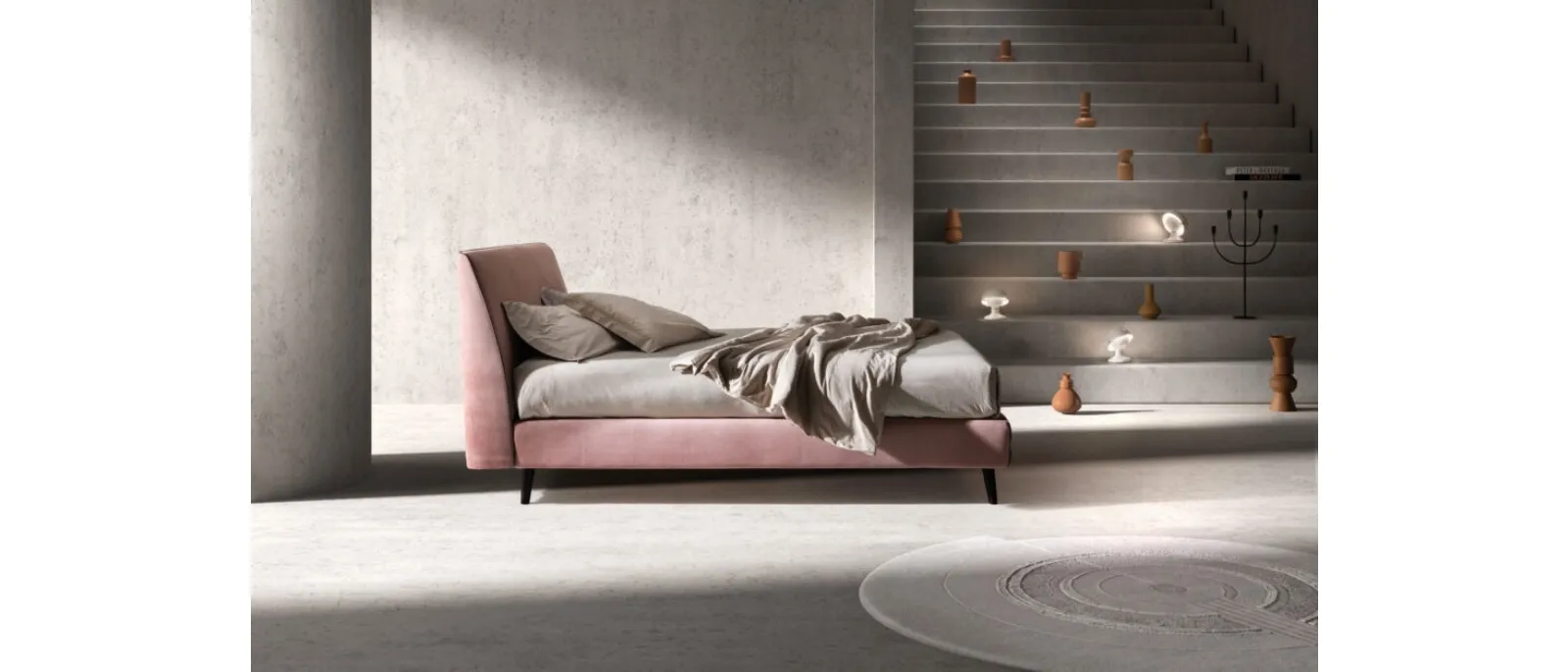 Bed with wooden structure completely padded and upholstered in Time fabric by Bside.