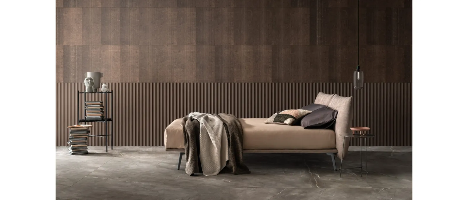Double bed in fabric with Warp headboard by Bside.