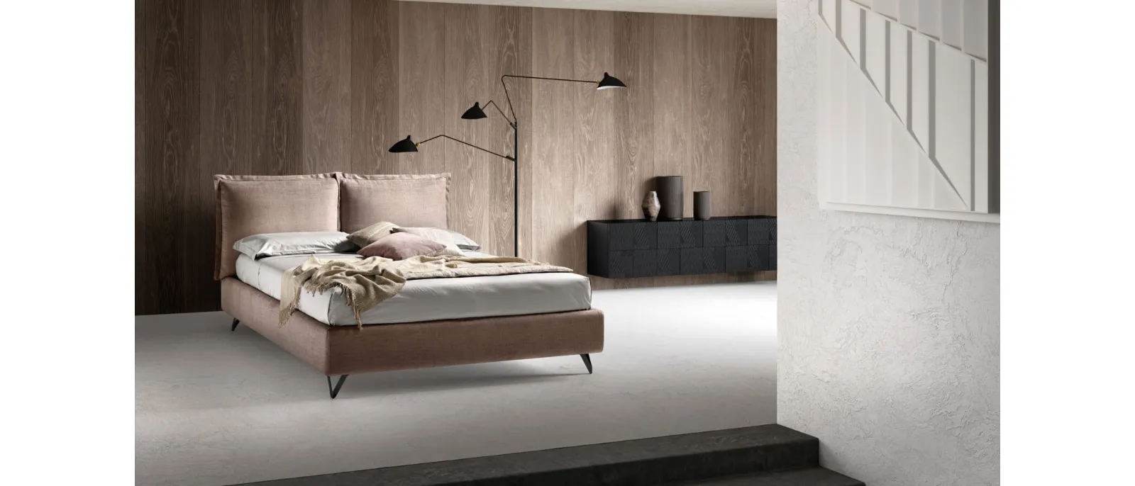 Double upholstered bed with adjustable headboard and Wisp storage box by Bside.