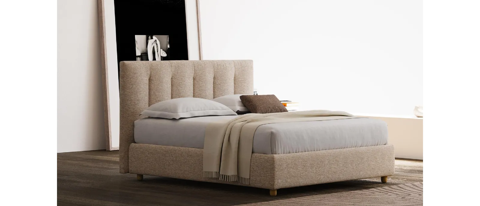 Zen bed by Divalletti is a soft upholstered fabric bed featuring storage containers and drawers. The div