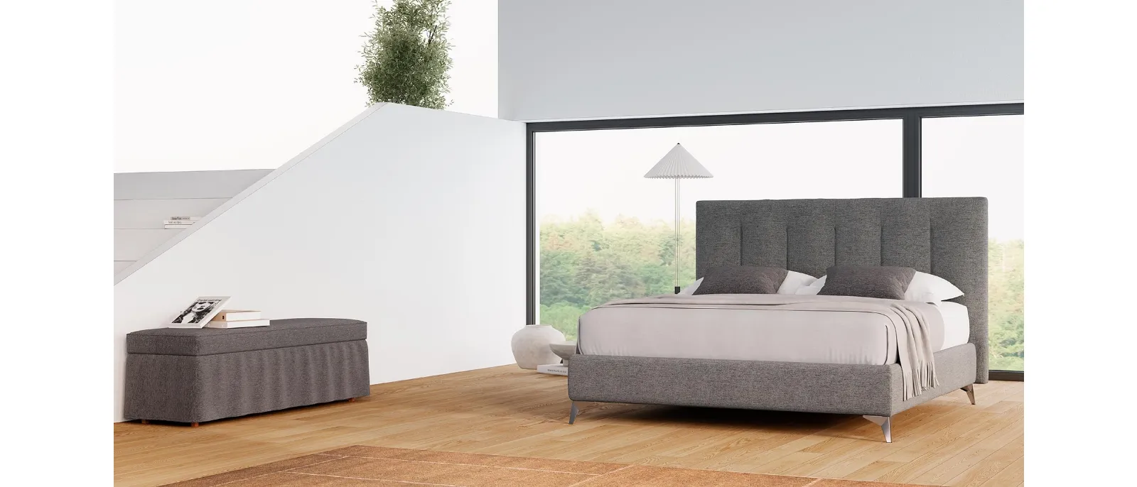 Padded fabric Bed Zen with storage container by Divaletti Home. With a large space to store bedding